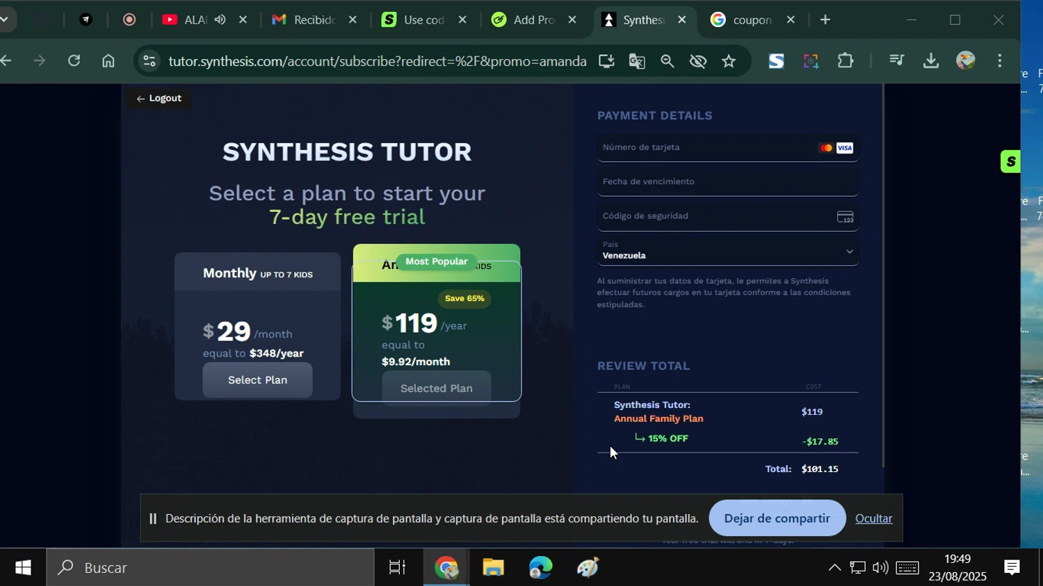 Synthesis Tutor promo code screenshot showing code AMANDA applied at Synthesis Tutor checkout page. Uploaded by SimplyCodes community member ESTHER3121 on Aug 23, 2025
