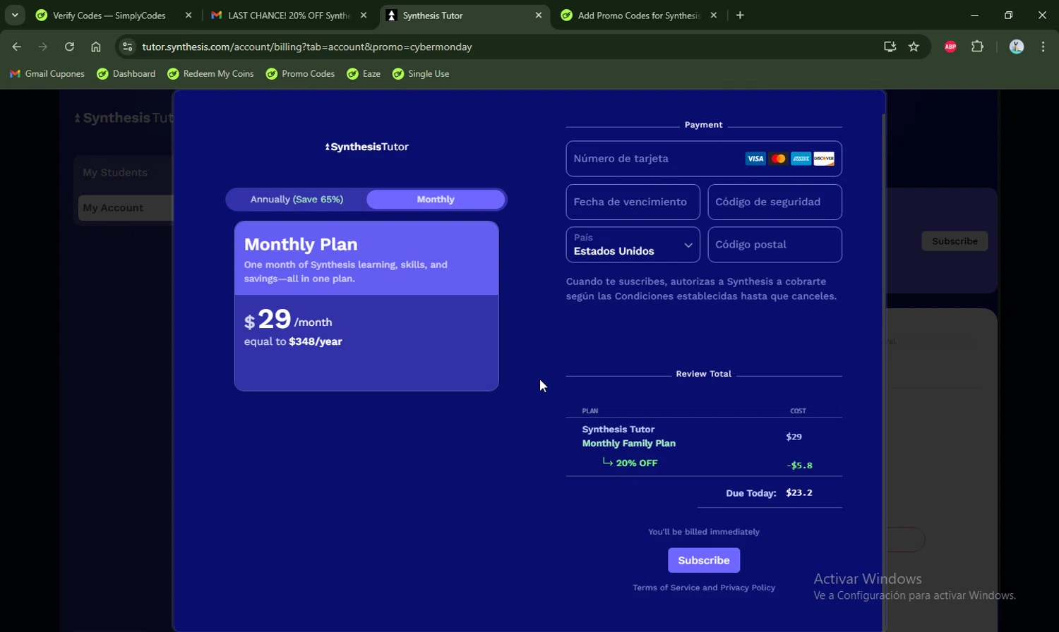 Synthesis Tutor promo code screenshot showing code CYBERMONDAY applied at Synthesis Tutor checkout page. Uploaded by SimplyCodes community member LHaunter2 on Dec 1, 2025