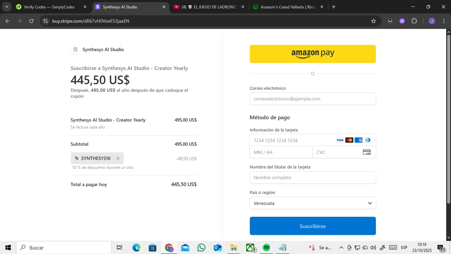 Synthesys promo code screenshot showing code SYNTHESYS10 applied at Synthesys checkout page. Uploaded by SimplyCodes community member ENCARAMESSI on Oct 23, 2025