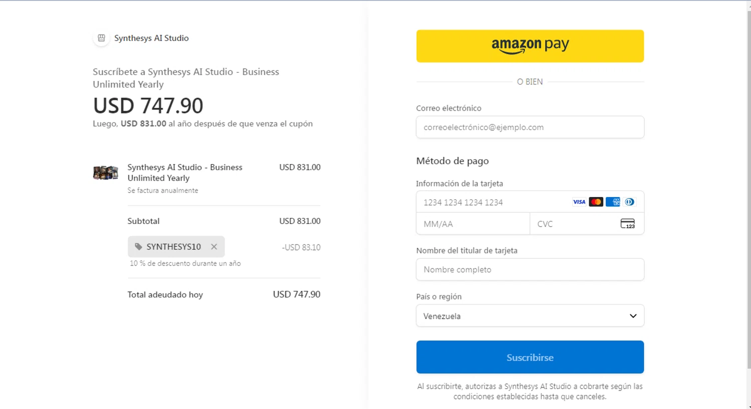 Synthesys promo code screenshot showing code SYNTHESYS10 applied at Synthesys checkout page. Uploaded by SimplyCodes community member Josecaste on Nov 21, 2025