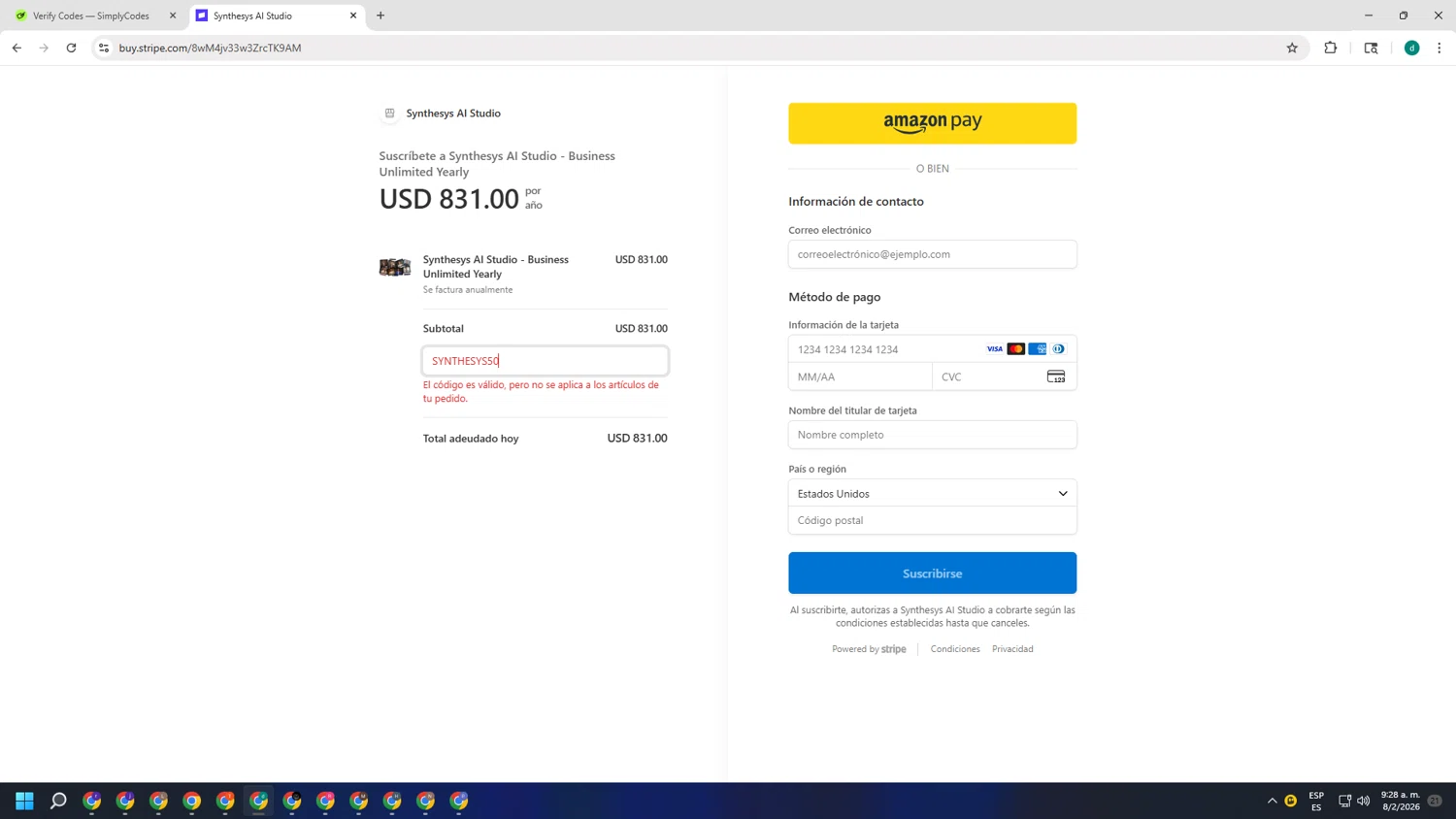 Synthesys checkout page showing Synthesys promo code box | Screenshot taken by SimplyCodes community member on Feb 8, 2026