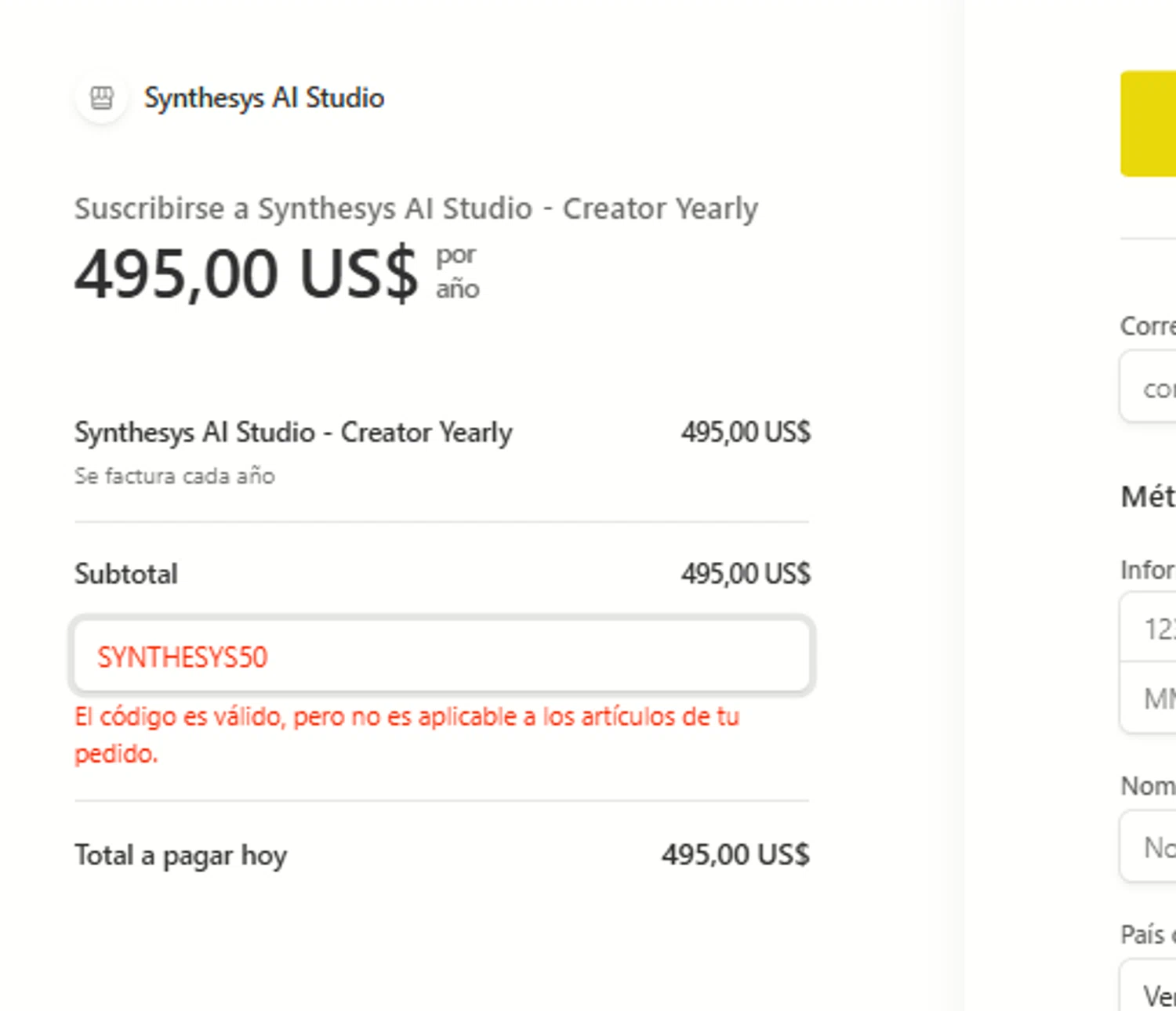 Synthesys promo code screenshot showing code SYNTHESYS50 applied at Synthesys checkout page. Uploaded by SimplyCodes community member a2d2c2d211 on Nov 13, 2025