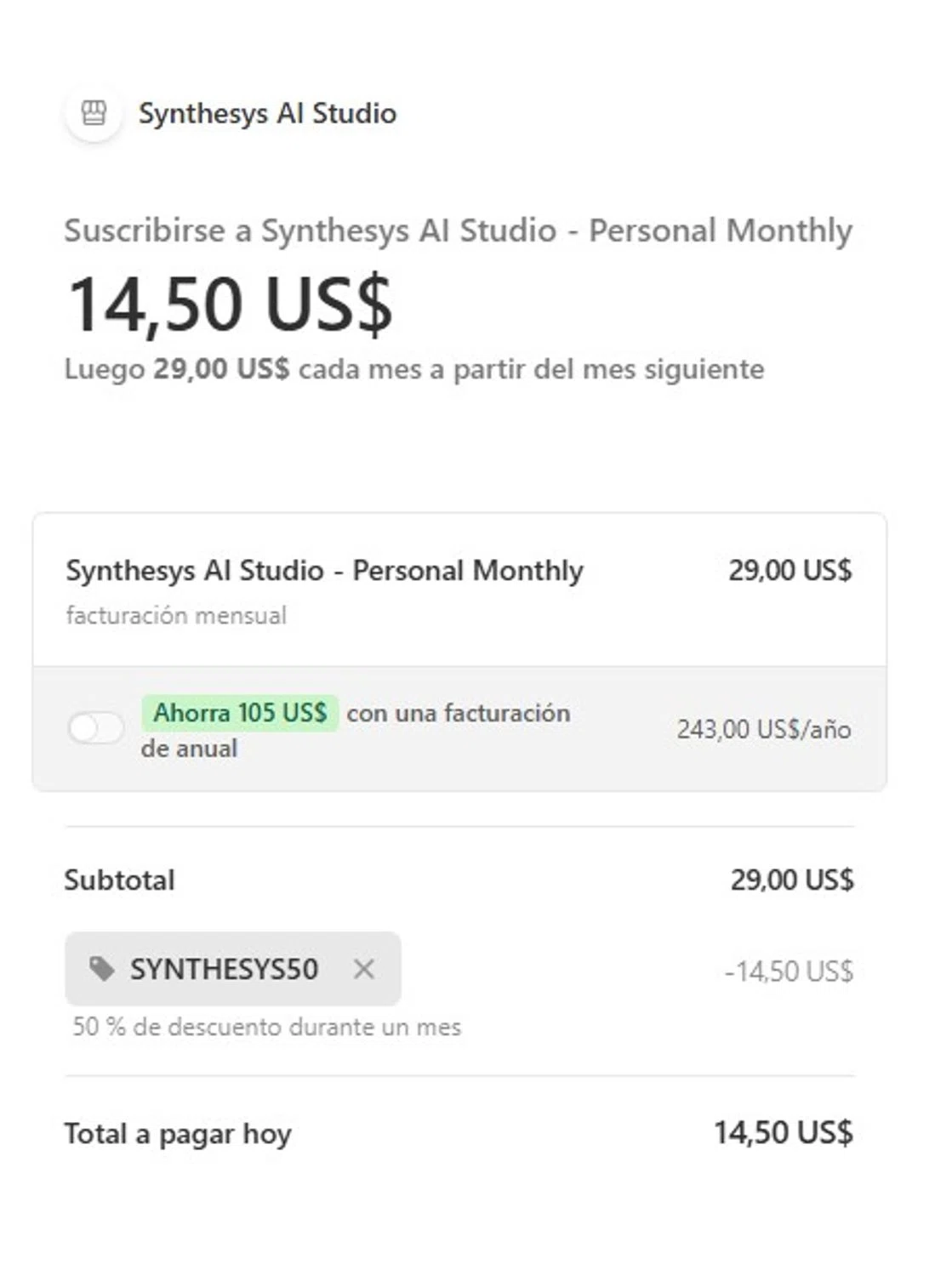 Synthesys promo code screenshot showing code SYNTHESYS50 applied at Synthesys checkout page. Uploaded by SimplyCodes community member RonaldoM32 on Oct 15, 2025