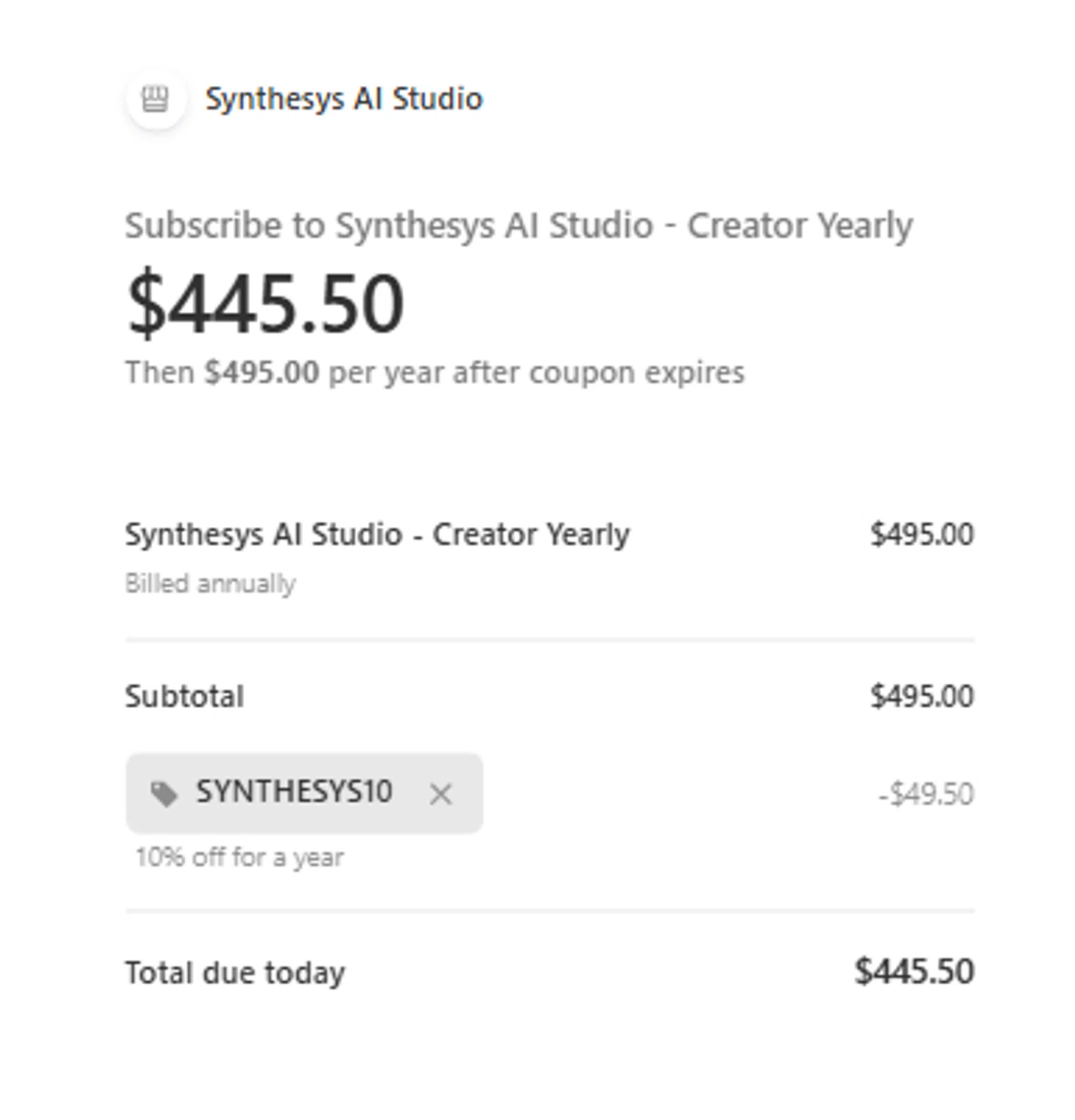 Synthesys promo code screenshot showing code SYNTHESYS10 applied at Synthesys checkout page. Uploaded by SimplyCodes community member carlosrivero on Sep 23, 2025