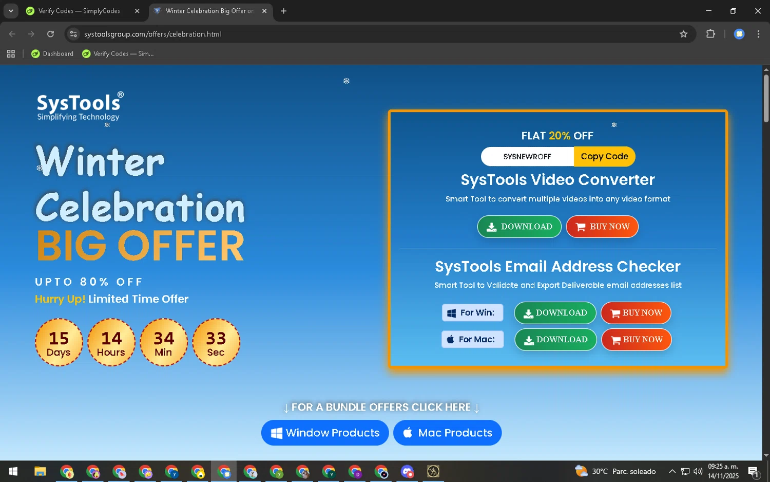 SysTools Software promo code screenshot showing code SYSNEWROFF applied at SysTools Software checkout page. Uploaded by SimplyCodes community member CouponFalcon2696 on Nov 14, 2025
