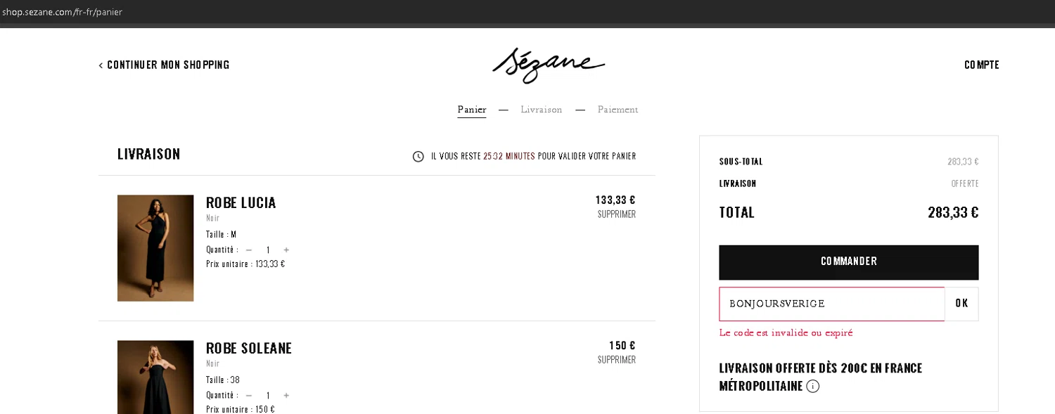 Sézane promo code screenshot showing code BONJOURSVERIGE applied at Sézane checkout page. Uploaded by SimplyCodes community member anleo1225 on Apr 12, 2025
