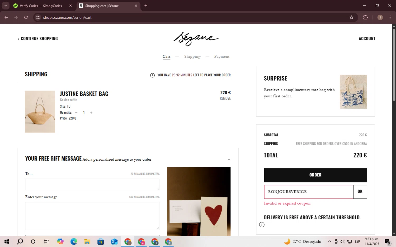 Sézane promo code screenshot showing code BONJOURSVERIGE applied at Sézane checkout page. Uploaded by SimplyCodes community member CrownChaser949 on Apr 12, 2025