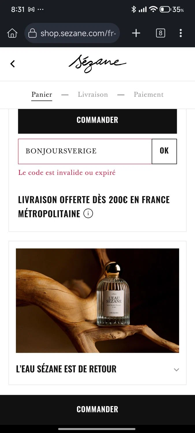 Sézane promo code screenshot showing code BONJOURSVERIGE applied at Sézane checkout page. Uploaded by SimplyCodes community member cuenta03 on Apr 12, 2025