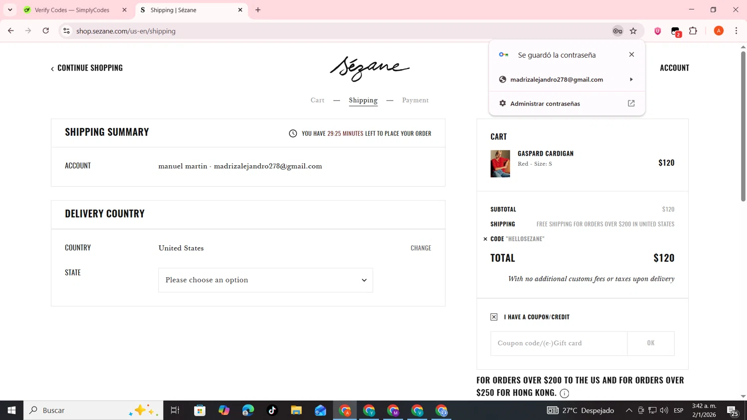 Sézane checkout page showing Sézane promo code box | Screenshot taken by SimplyCodes community member on Jan 2, 2026