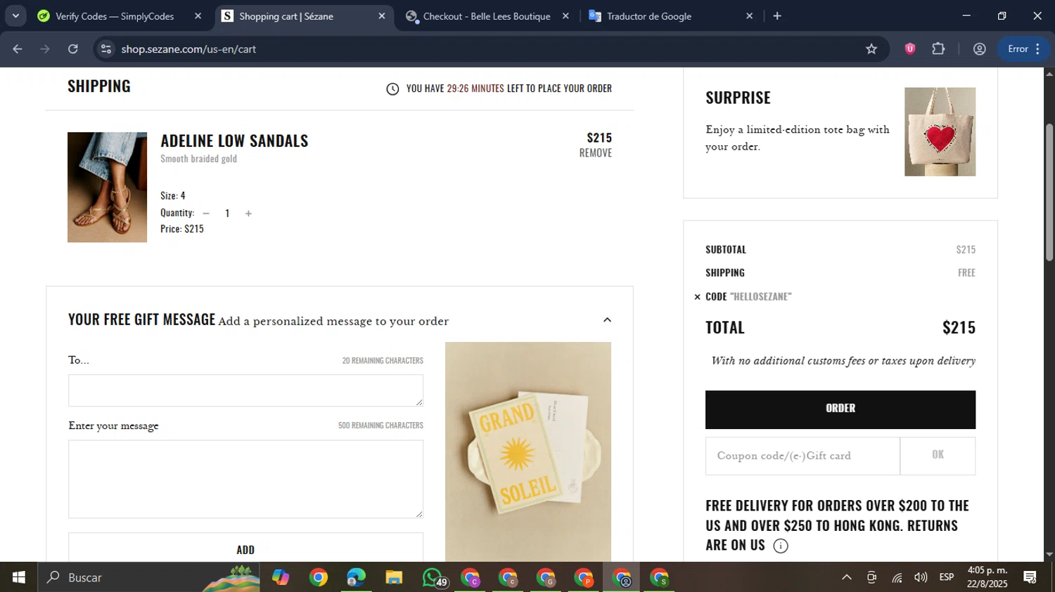 Sézane promo code screenshot showing code HELLOSEZANE applied at Sézane checkout page. Uploaded by SimplyCodes community member GloriousDefender7889 on Aug 22, 2025