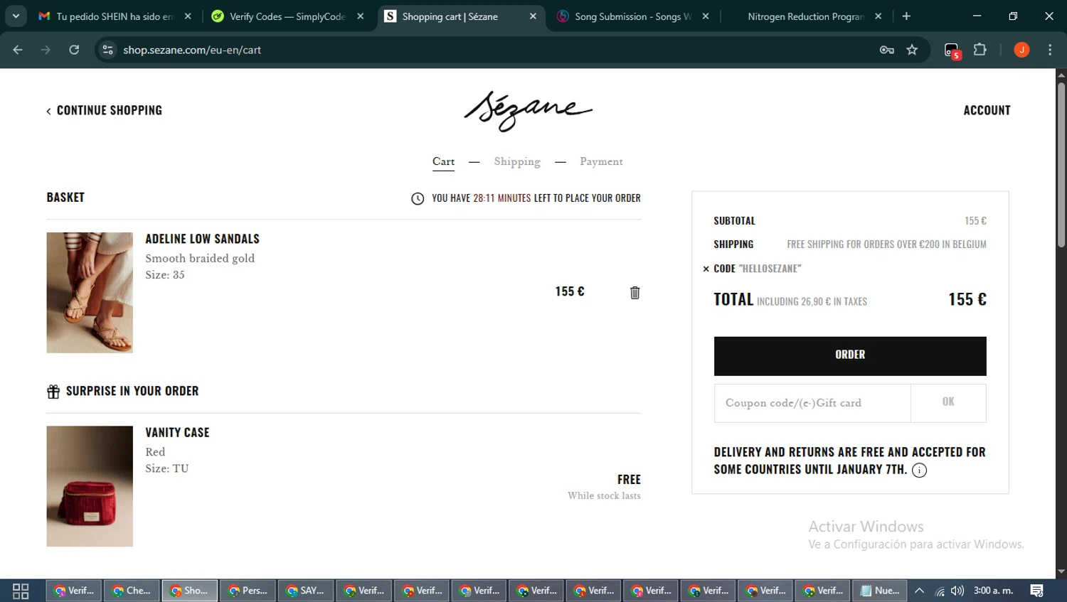 Sézane promo code screenshot showing code HELLOSEZANE applied at Sézane checkout page. Uploaded by SimplyCodes community member NobleAce2304 on Nov 30, 2025