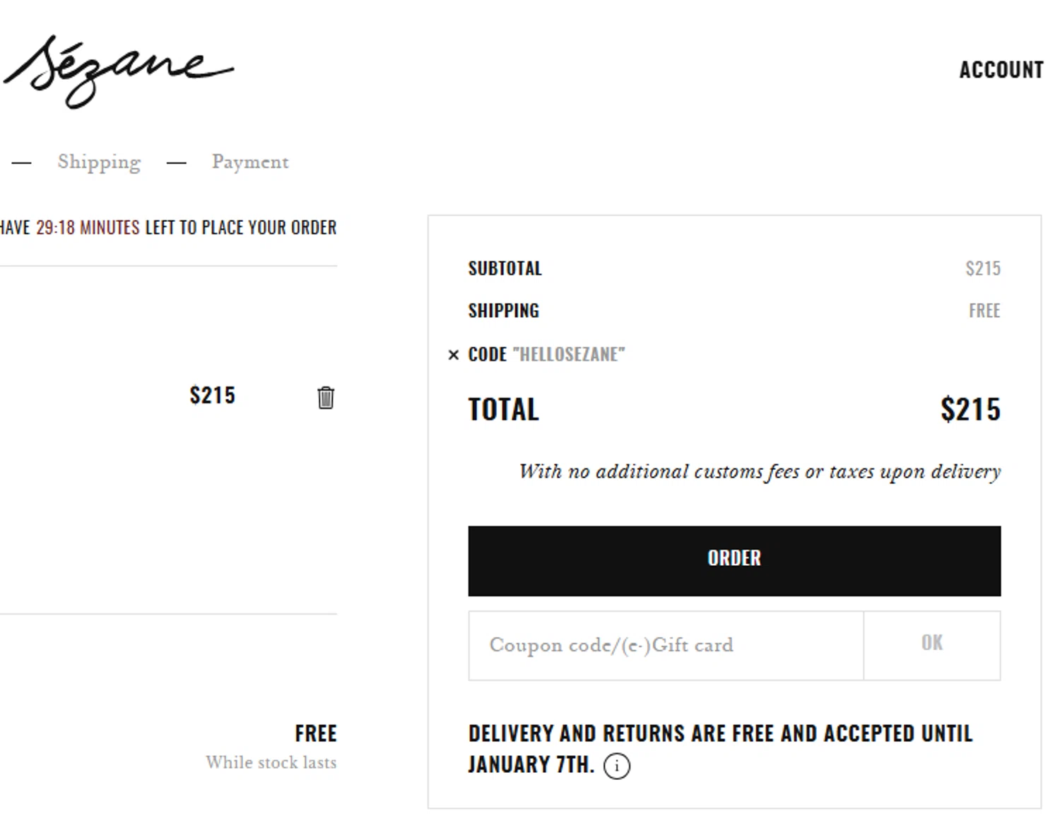 Sézane promo code screenshot showing code HELLOSEZANE applied at Sézane checkout page. Uploaded by SimplyCodes community member TULA515 on Nov 14, 2025