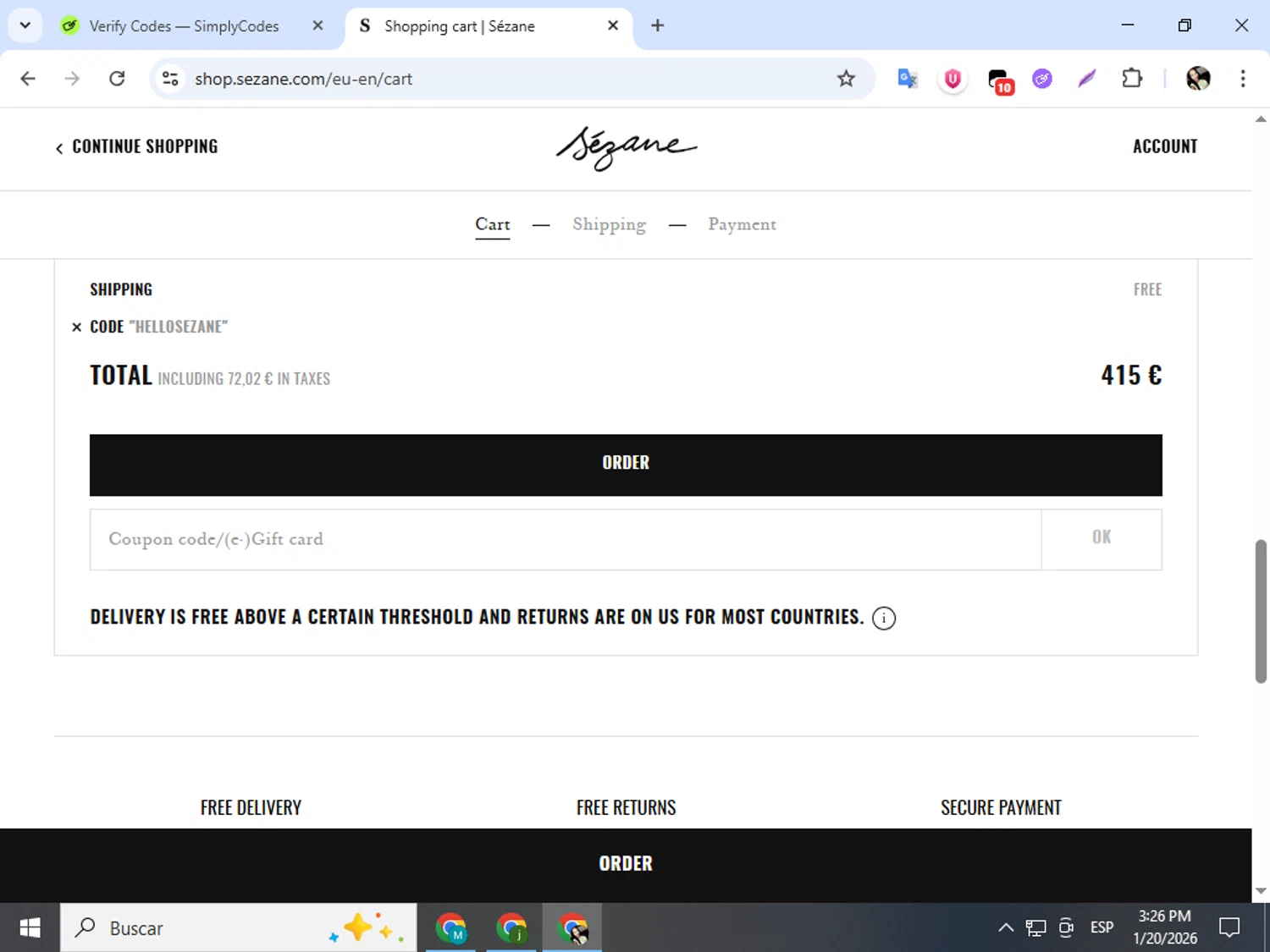 Sézane checkout page showing Sézane promo code box | Screenshot taken by SimplyCodes community member on Jan 20, 2026