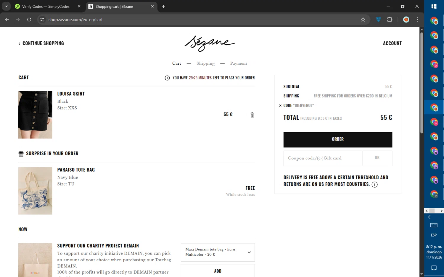 Sézane promo code screenshot showing code BIENVENUE applied at Sézane checkout page. Uploaded by SimplyCodes community member SalePhoenix823 on Jan 12, 2026