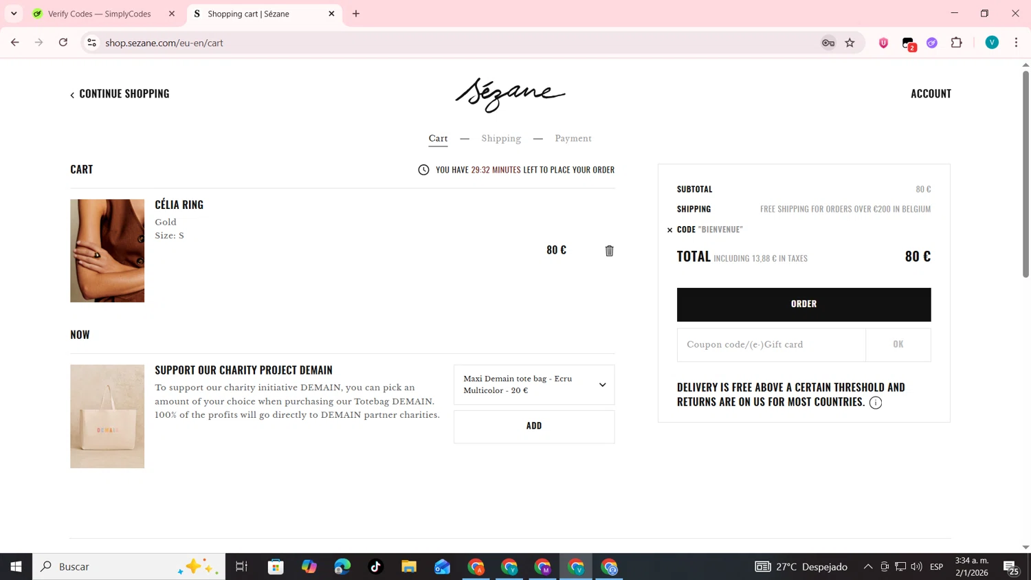 Sézane promo code screenshot showing code BIENVENUE applied at Sézane checkout page. Uploaded by SimplyCodes community member lyffytaro on Jan 2, 2026