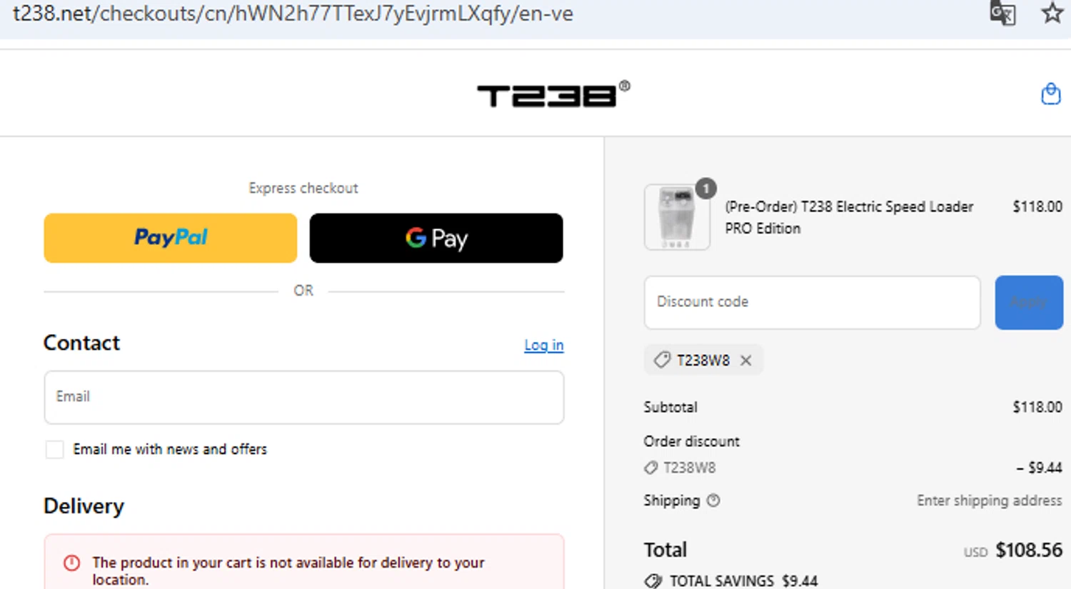 T238 discount code screenshot showing code T238W8 applied at T238 checkout page. Uploaded by SimplyCodes community member PennyOwl2559 on Sep 7, 2025