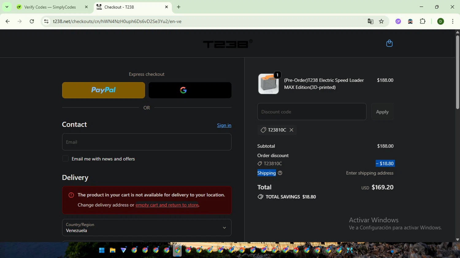 T238 discount code screenshot showing code t23810c applied at T238 checkout page. Uploaded by SimplyCodes community member BargainGuardian5495 on Oct 21, 2025
