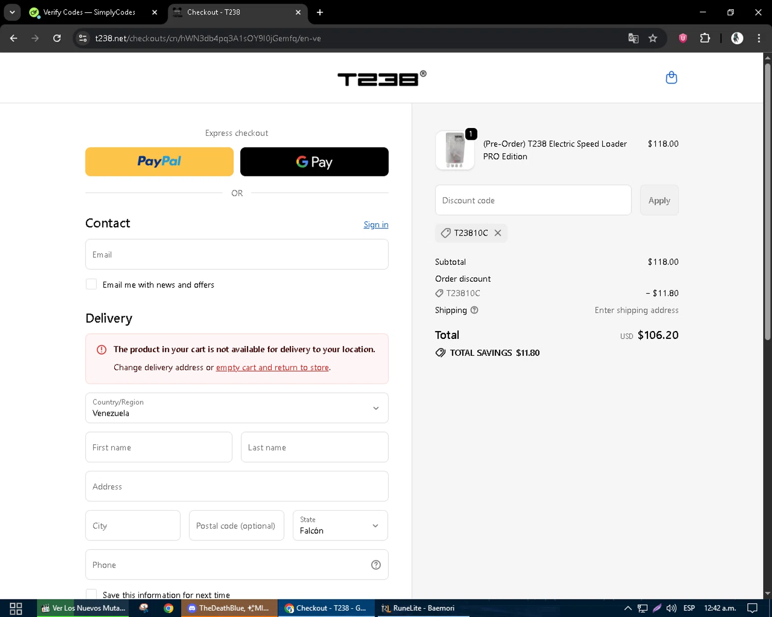 T238 discount code screenshot showing code t23810c applied at T238 checkout page. Uploaded by SimplyCodes community member CleverSentinel9441 on Oct 2, 2025