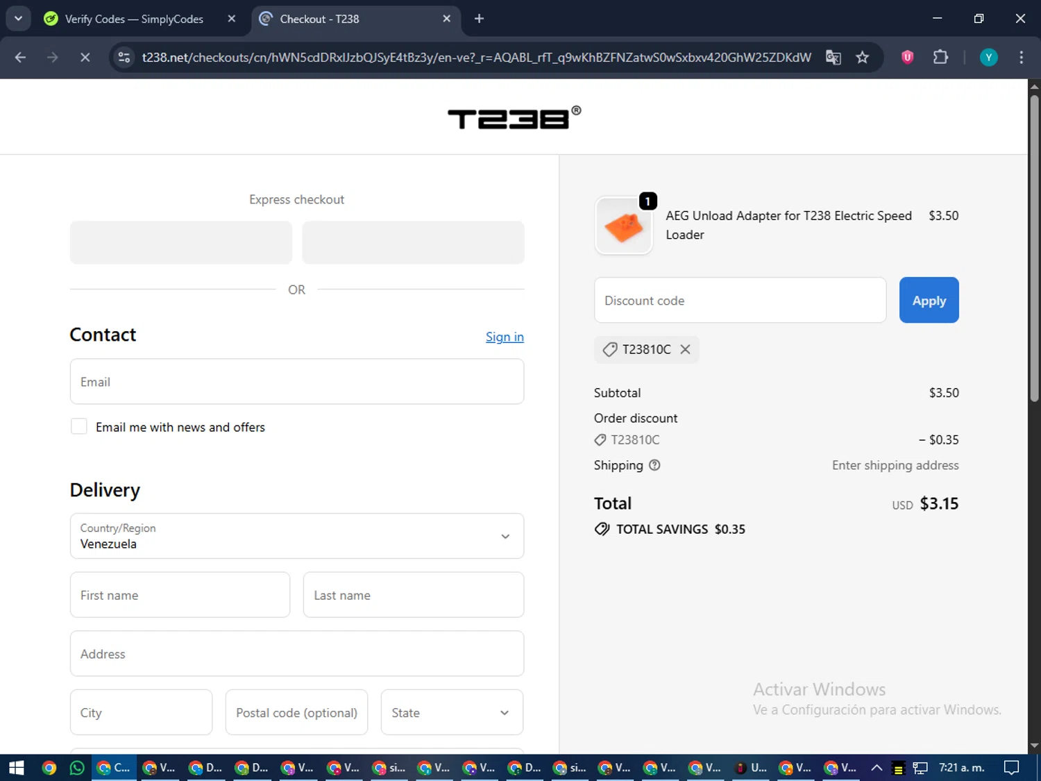 T238 discount code screenshot showing code t23810c applied at T238 checkout page. Uploaded by SimplyCodes community member RoyalEagle4794 on Nov 23, 2025