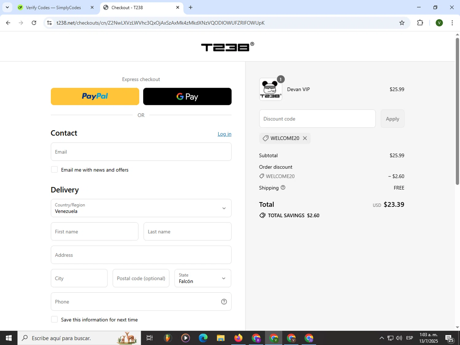 T238 discount code screenshot showing code Welcome20 applied at T238 checkout page. Uploaded by SimplyCodes community member PrimeWizard4168 on Jul 13, 2025