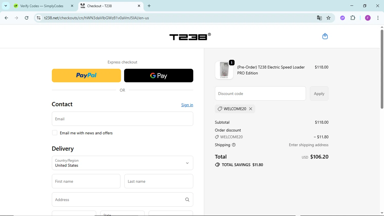 T238 discount code screenshot showing code Welcome20 applied at T238 checkout page. Uploaded by SimplyCodes community member ShieldTitan6985 on Oct 2, 2025