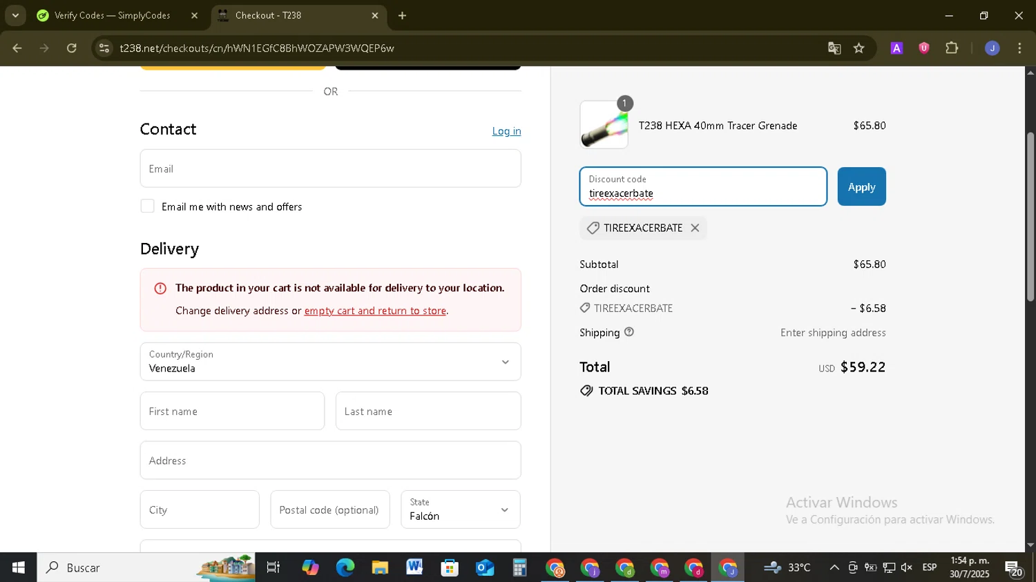 T238 discount code screenshot showing code tireexacerbate applied at T238 checkout page. Uploaded by SimplyCodes community member EpicSage3474 on Jul 30, 2025