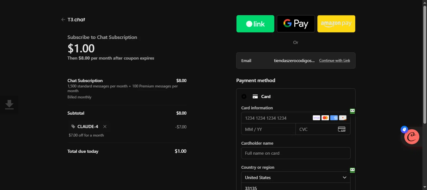 T3 Chat promo code screenshot showing code CLAUDE-4 applied at T3 Chat checkout page. Uploaded by SimplyCodes community member 111111 on Oct 5, 2025