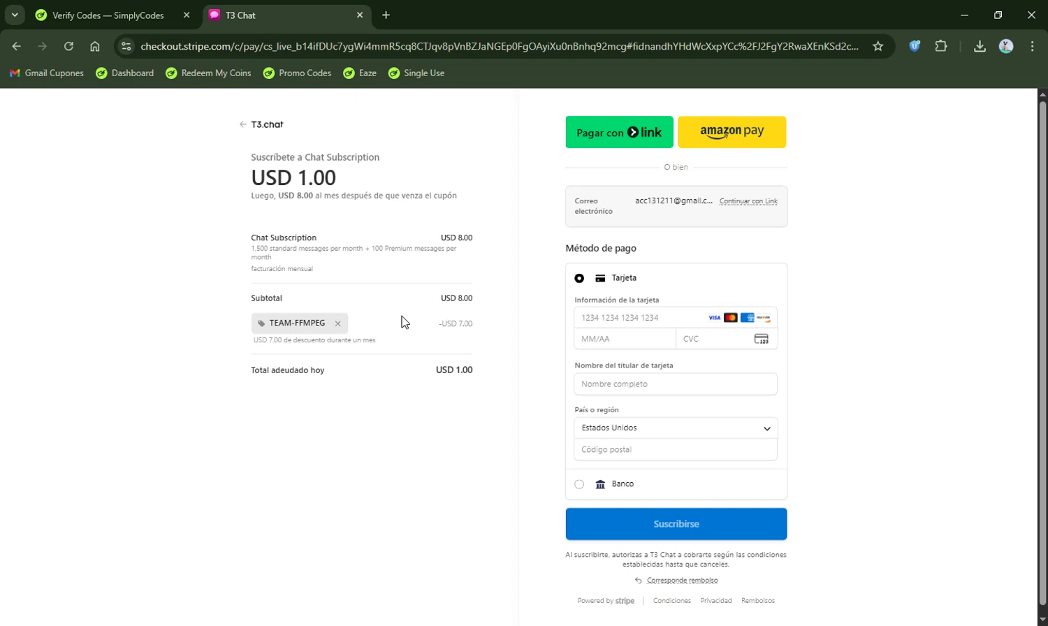 T3 Chat promo code screenshot showing code TEAM-FFMPEG applied at T3 Chat checkout page. Uploaded by SimplyCodes community member LHaunter2 on Nov 2, 2025