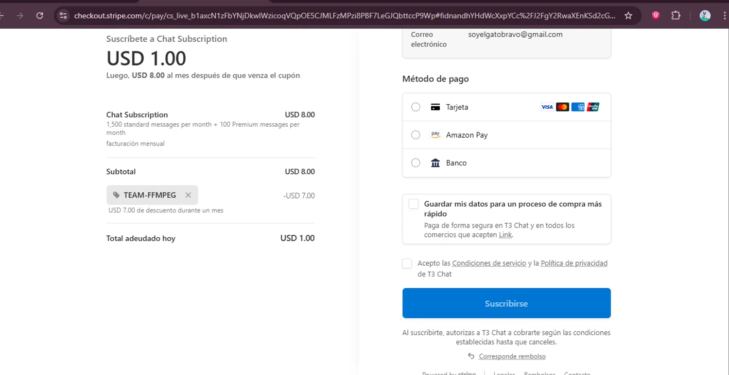 T3 Chat promo code screenshot showing code TEAM-FFMPEG applied at T3 Chat checkout page. Uploaded by SimplyCodes community member elgatobravo on Dec 2, 2025