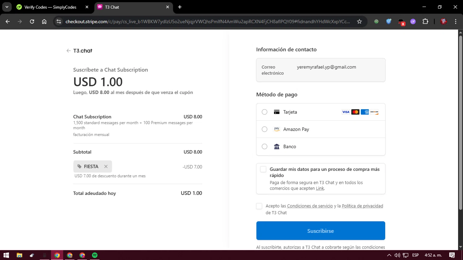 T3 Chat promo code screenshot showing code FIESTA applied at T3 Chat checkout page. Uploaded by SimplyCodes community member verify_codes on Dec 24, 2025
