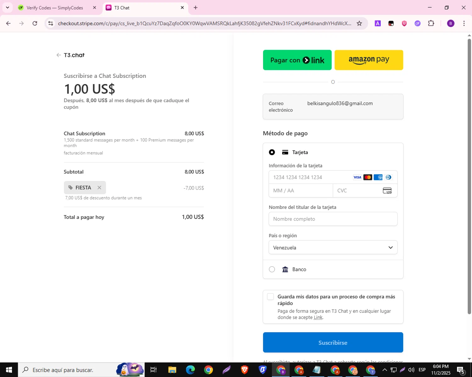 T3 Chat promo code screenshot showing code FIESTA applied at T3 Chat checkout page. Uploaded by SimplyCodes community member RebateAdmiral6687 on Nov 2, 2025