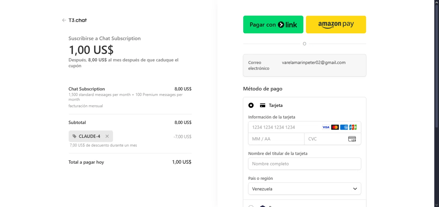 T3 Chat promo code screenshot showing code CLAUDE-4 applied at T3 Chat checkout page. Uploaded by SimplyCodes community member petervarela on Nov 2, 2025