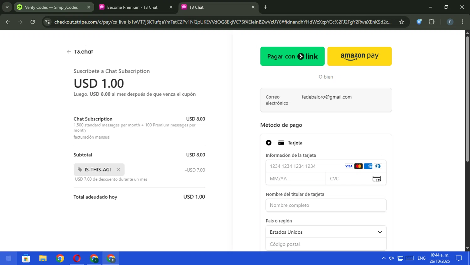 T3 Chat promo code screenshot showing code IS-THIS-AGI applied at T3 Chat checkout page. Uploaded by SimplyCodes community member pajarito on Oct 26, 2025