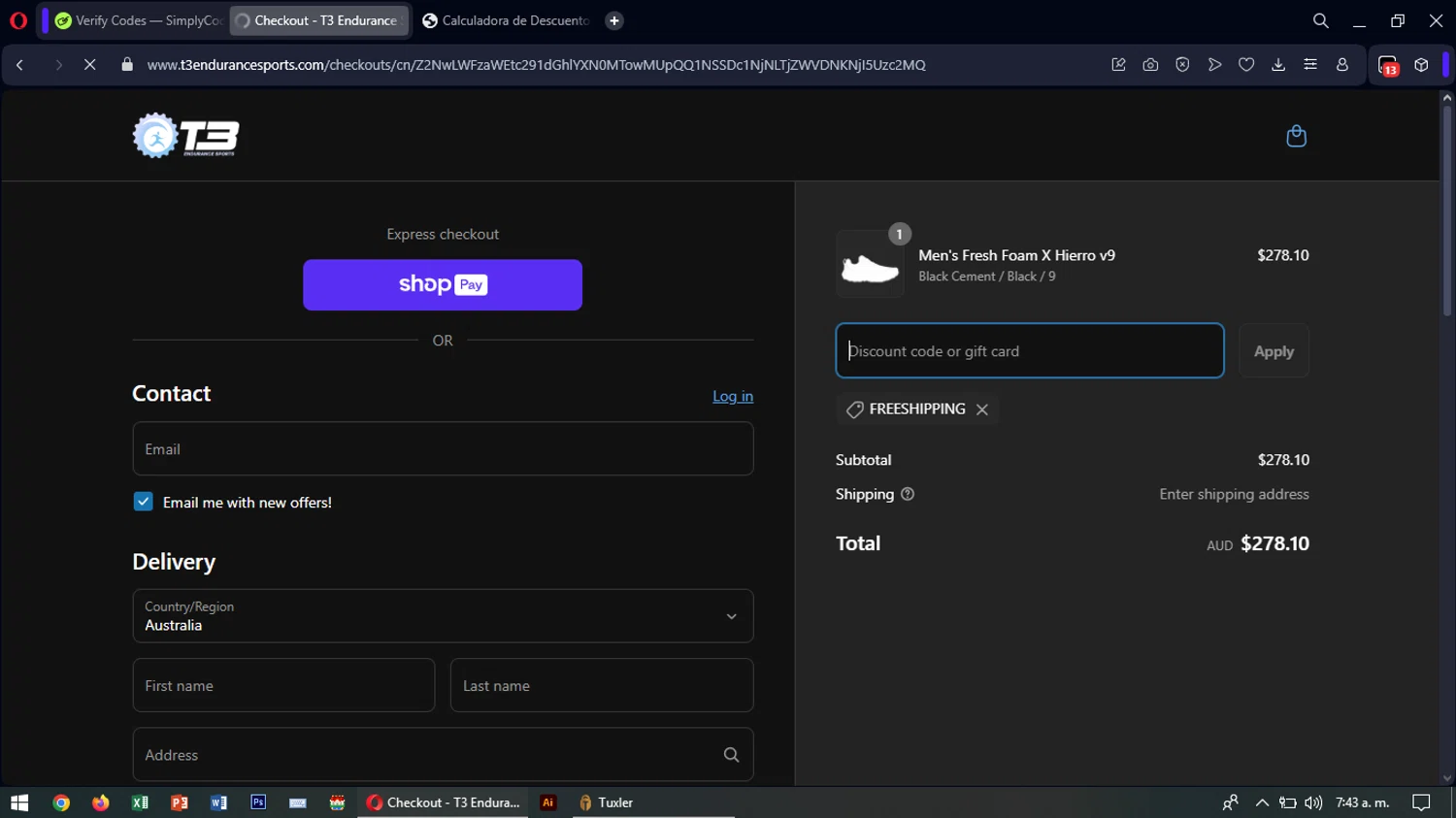 T3 Endurance Sports checkout page showing T3 Endurance Sports discount code box | Screenshot taken by SimplyCodes community member on Mar 15, 2025