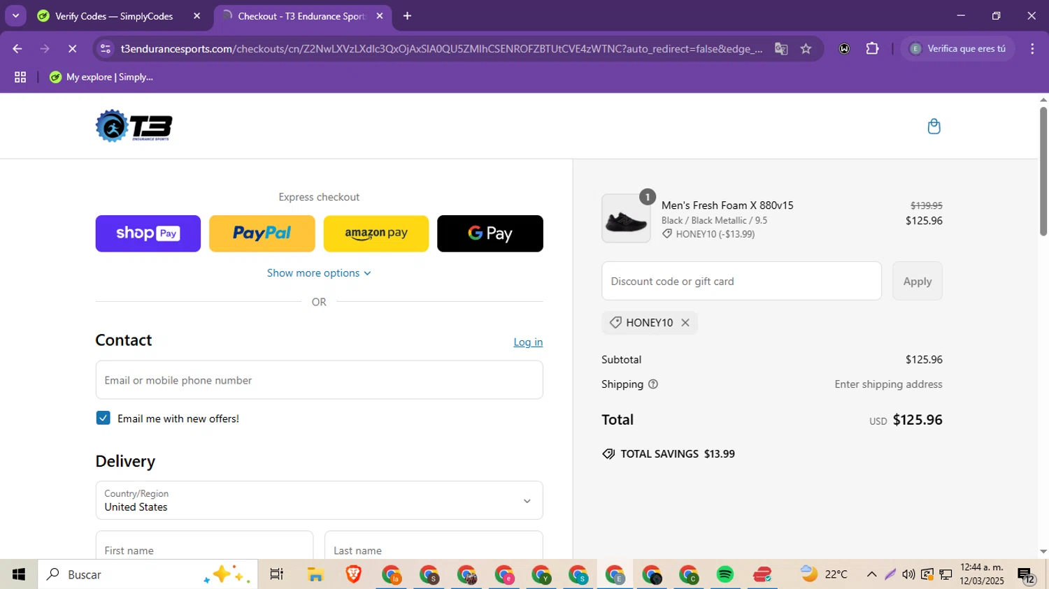 T3 Endurance Sports checkout page showing T3 Endurance Sports discount code box | Screenshot taken by SimplyCodes community member on Mar 12, 2025