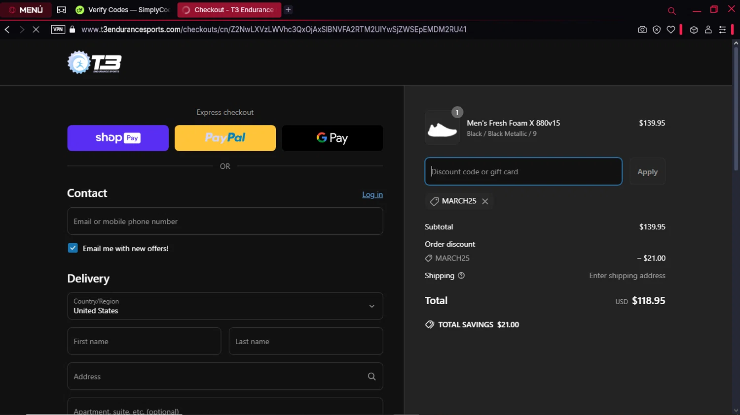 T3 Endurance Sports checkout page showing T3 Endurance Sports discount code box | Screenshot taken by SimplyCodes community member on Mar 18, 2025