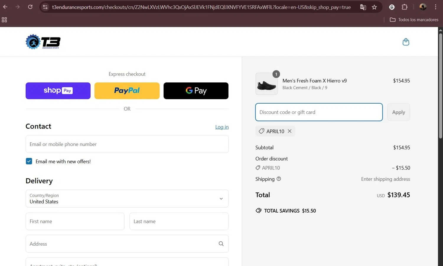 T3 Endurance Sports discount code screenshot showing code April10 applied at T3 Endurance Sports checkout page. Uploaded by SimplyCodes community member Milaya on Apr 9, 2025