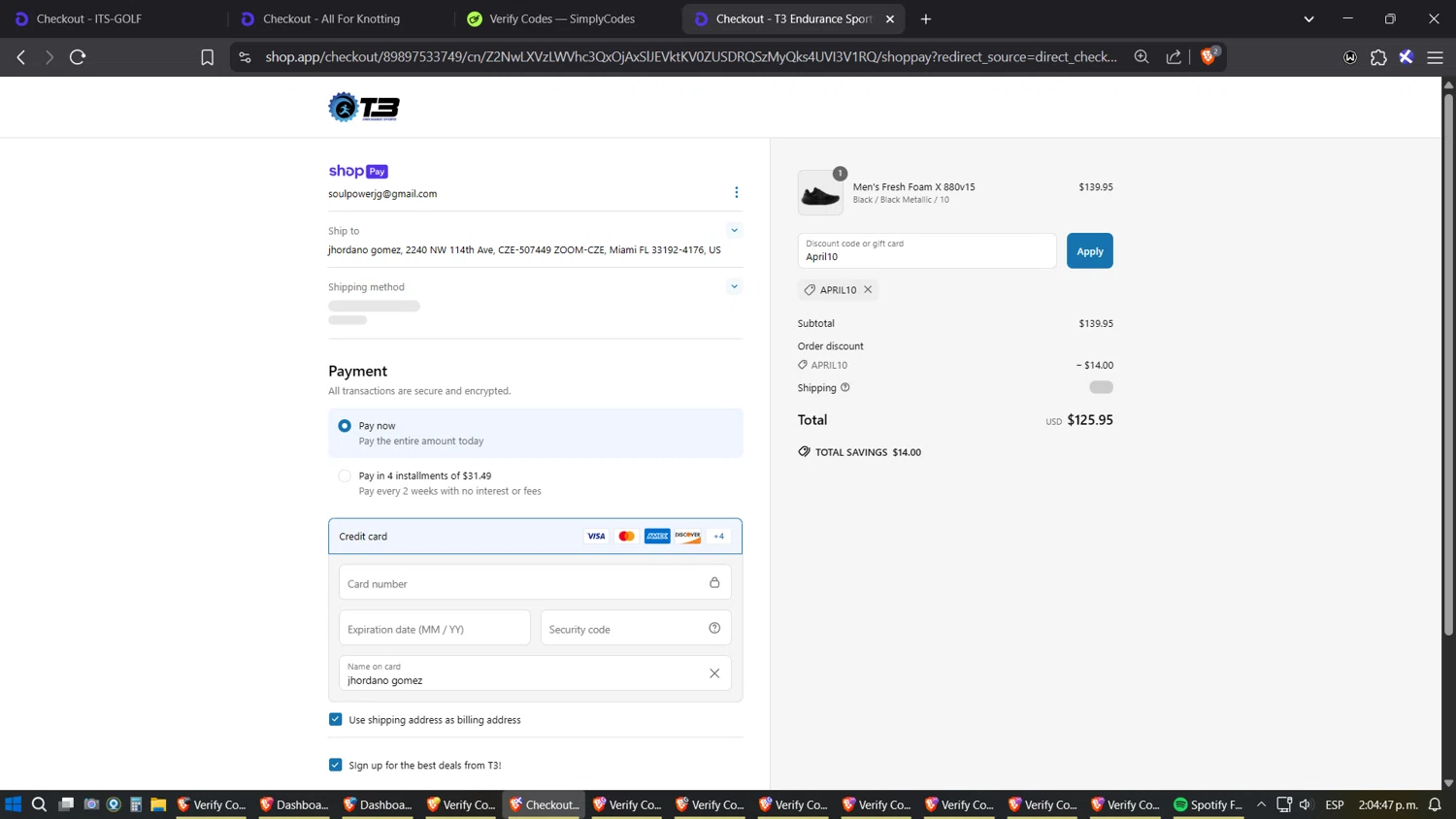 T3 Endurance Sports discount code screenshot showing code April10 applied at T3 Endurance Sports checkout page. Uploaded by SimplyCodes community member SoulPower on Apr 9, 2025