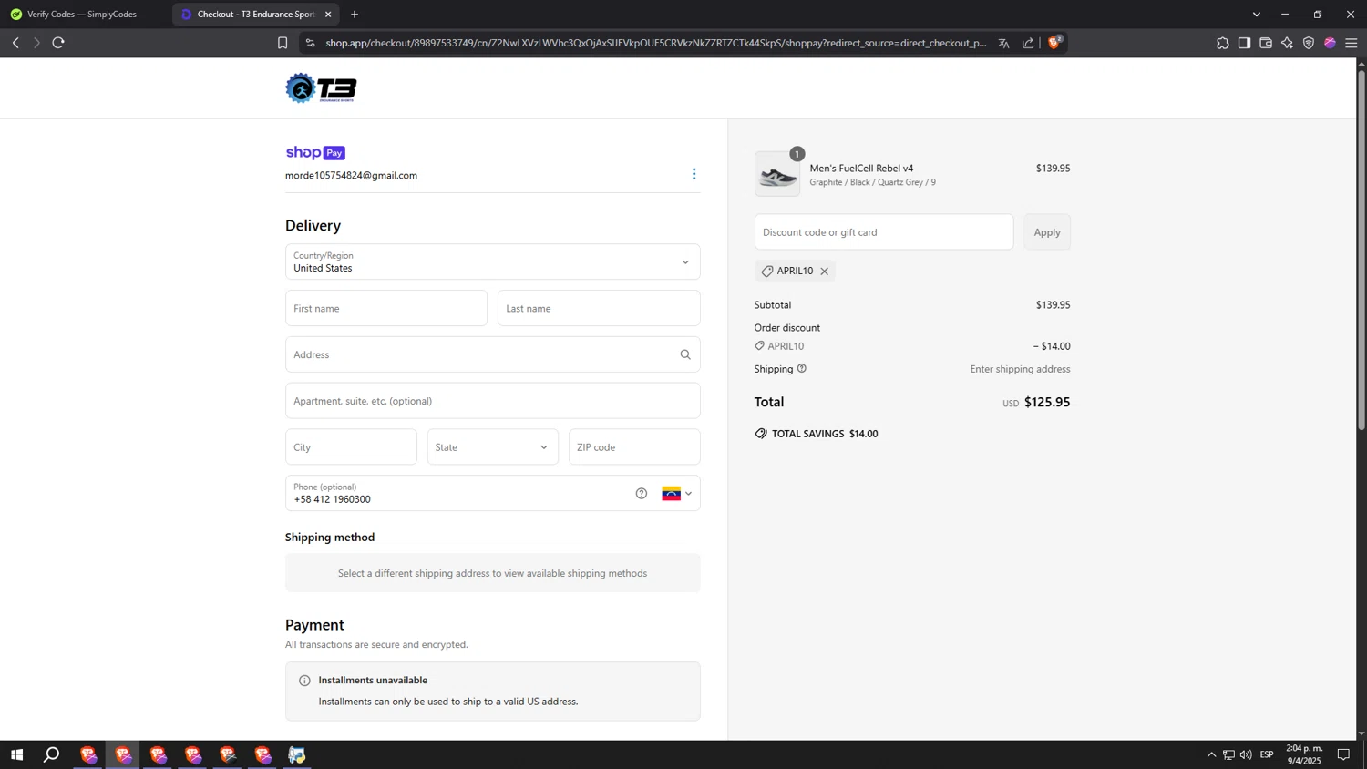 T3 Endurance Sports discount code screenshot showing code April10 applied at T3 Endurance Sports checkout page. Uploaded by SimplyCodes community member ooooooooooooooooooo on Apr 9, 2025