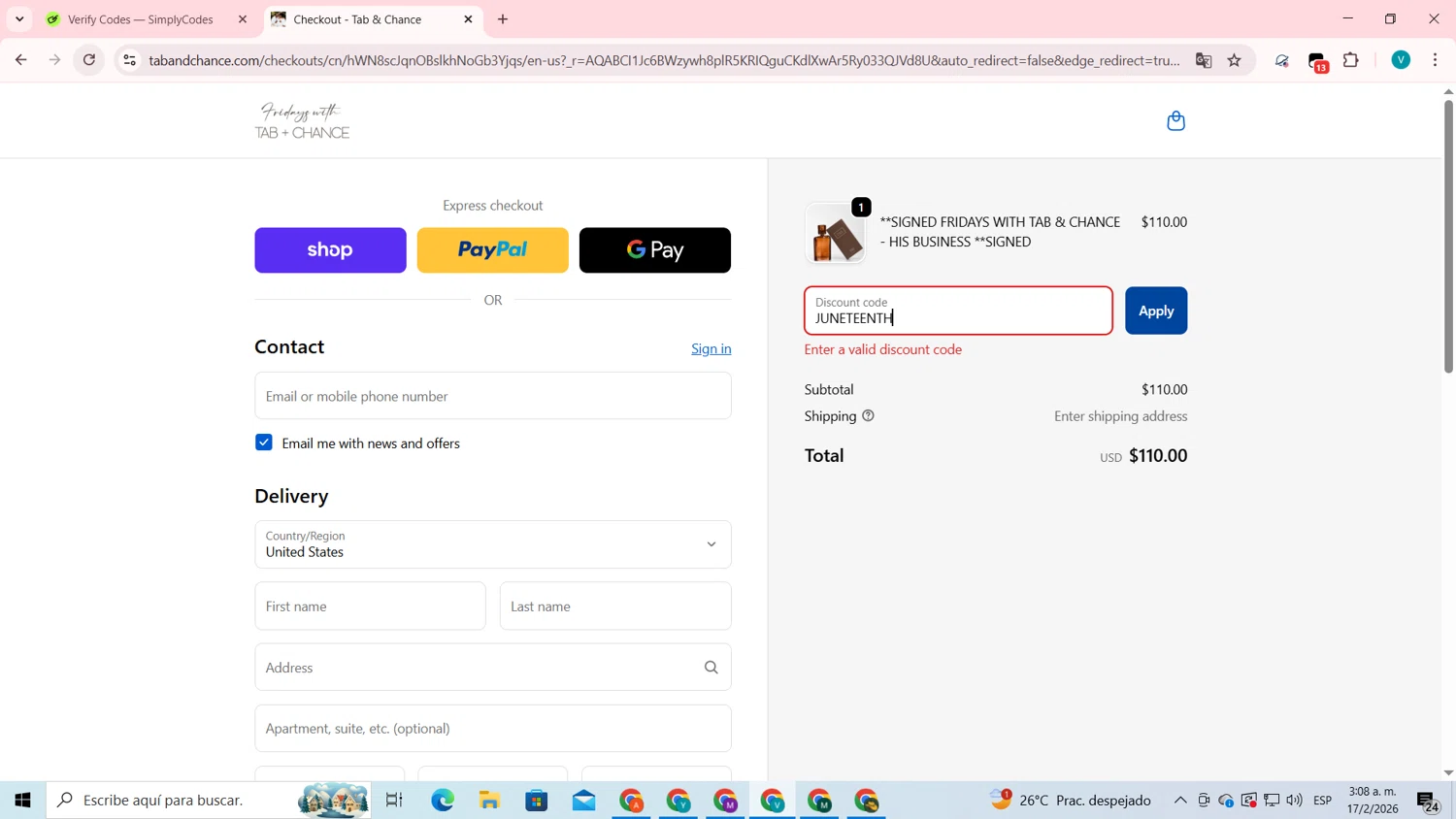 Tab & Chance promo code screenshot showing code JUNETEENTH applied at Tab & Chance checkout page. Uploaded by SimplyCodes community member lyffytaro on Feb 17, 2026