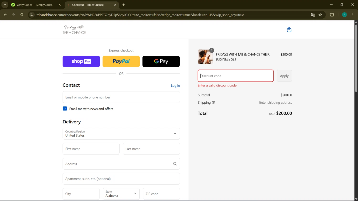 Tab & Chance promo code screenshot showing code VERYGOOD applied at Tab & Chance checkout page. Uploaded by SimplyCodes community member BargainMonarch6495 on Aug 21, 2025