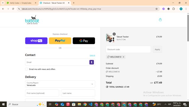 Tabcat checkout page showing Tabcat promo code box | Screenshot taken by SimplyCodes community member on Aug 25, 2025