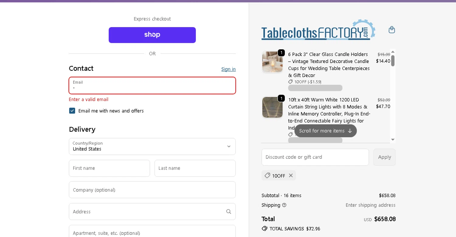 Tableclothsfactory promo code screenshot showing code 10OFF applied at Tableclothsfactory checkout page. Uploaded by SimplyCodes community member beatrizcastillo on May 31, 2026