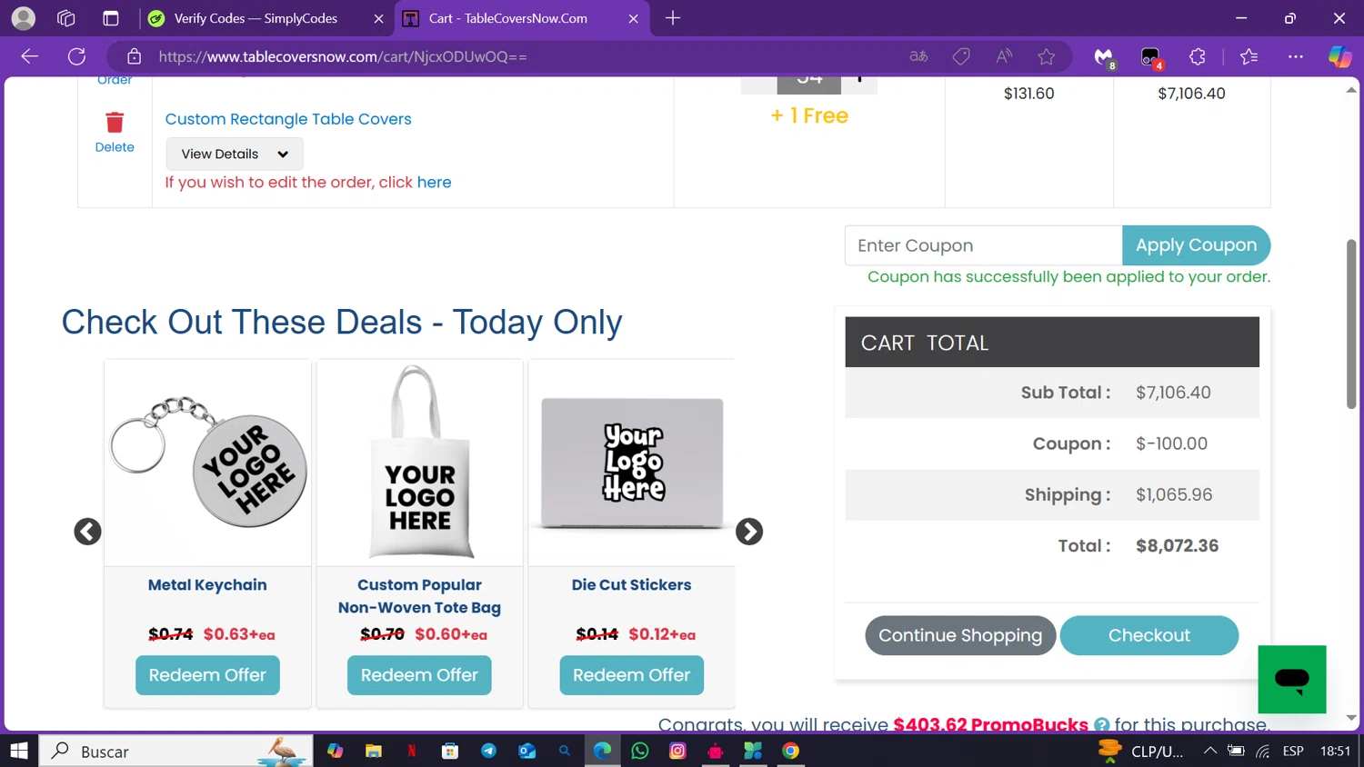 TableCoversNow coupon code screenshot showing code COVERME20 applied at TableCoversNow checkout page. Uploaded by SimplyCodes community member Lamine_Yamal on Jan 17, 2025