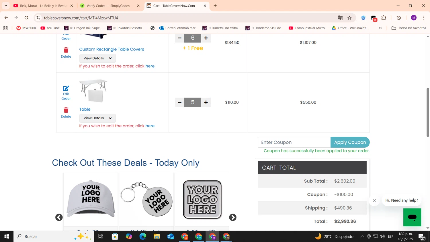 TableCoversNow coupon code screenshot showing code COVERME20 applied at TableCoversNow checkout page. Uploaded by SimplyCodes community member cod_gakpo on Sep 18, 2025