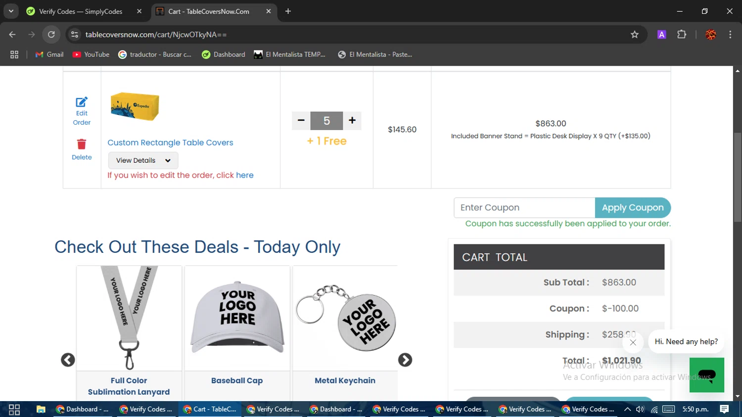 TableCoversNow coupon code screenshot showing code CART20 applied at TableCoversNow checkout page. Uploaded by SimplyCodes community member Rodolfo on Jan 17, 2025