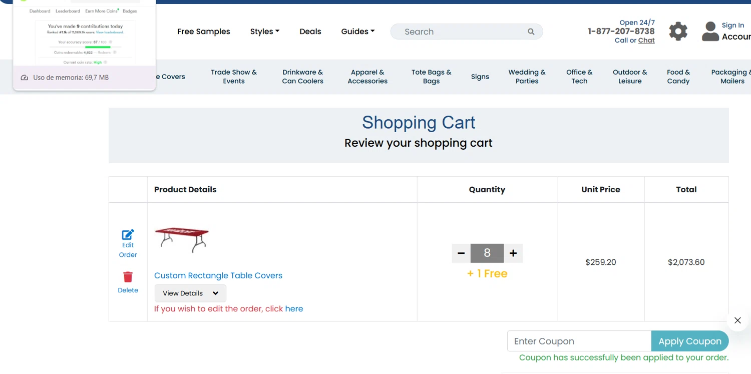 TableCoversNow coupon code screenshot showing code COMEBACK20 applied at TableCoversNow checkout page. Uploaded by SimplyCodes community member GoldLynx7797 on Nov 17, 2025
