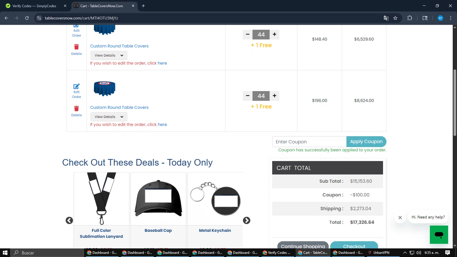 TableCoversNow coupon code screenshot showing code WELCOME25 applied at TableCoversNow checkout page. Uploaded by SimplyCodes community member Cynoxx on Jan 14, 2026