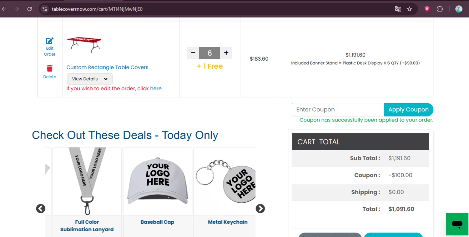 TableCoversNow coupon code screenshot showing code WELCOME25 applied at TableCoversNow checkout page. Uploaded by SimplyCodes community member elgatobravo on Nov 17, 2025