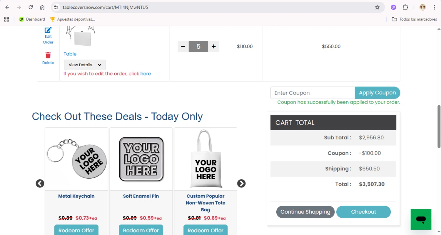 TableCoversNow coupon code screenshot showing code CHECKOUT20 applied at TableCoversNow checkout page. Uploaded by SimplyCodes community member LegendaryTitan9160 on Nov 17, 2025